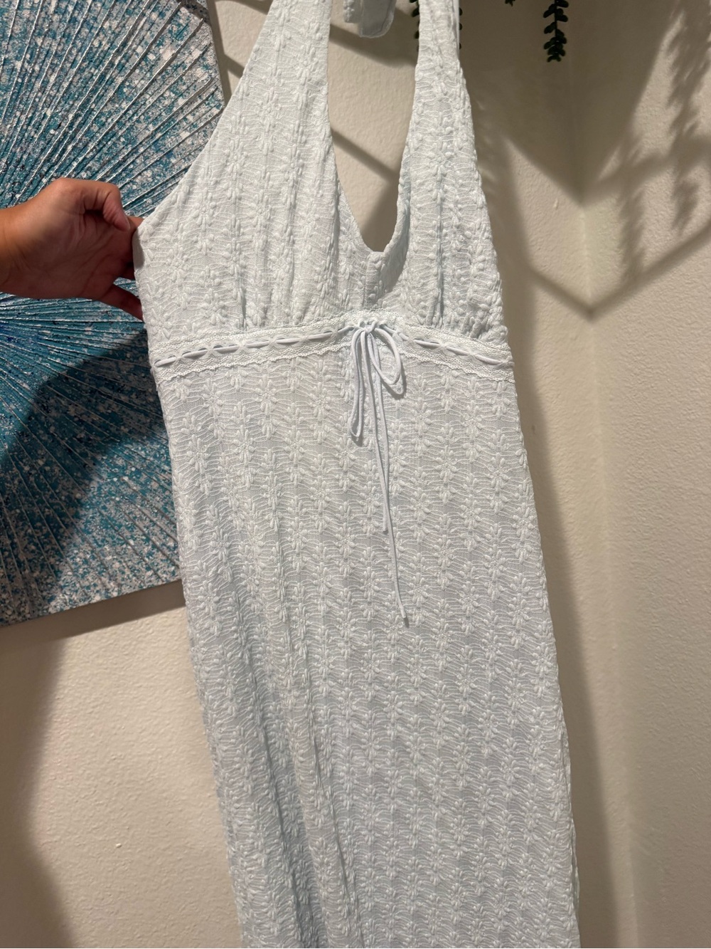 Light Blue Textured Halter Maxi Dress Size XL Open Back Resort